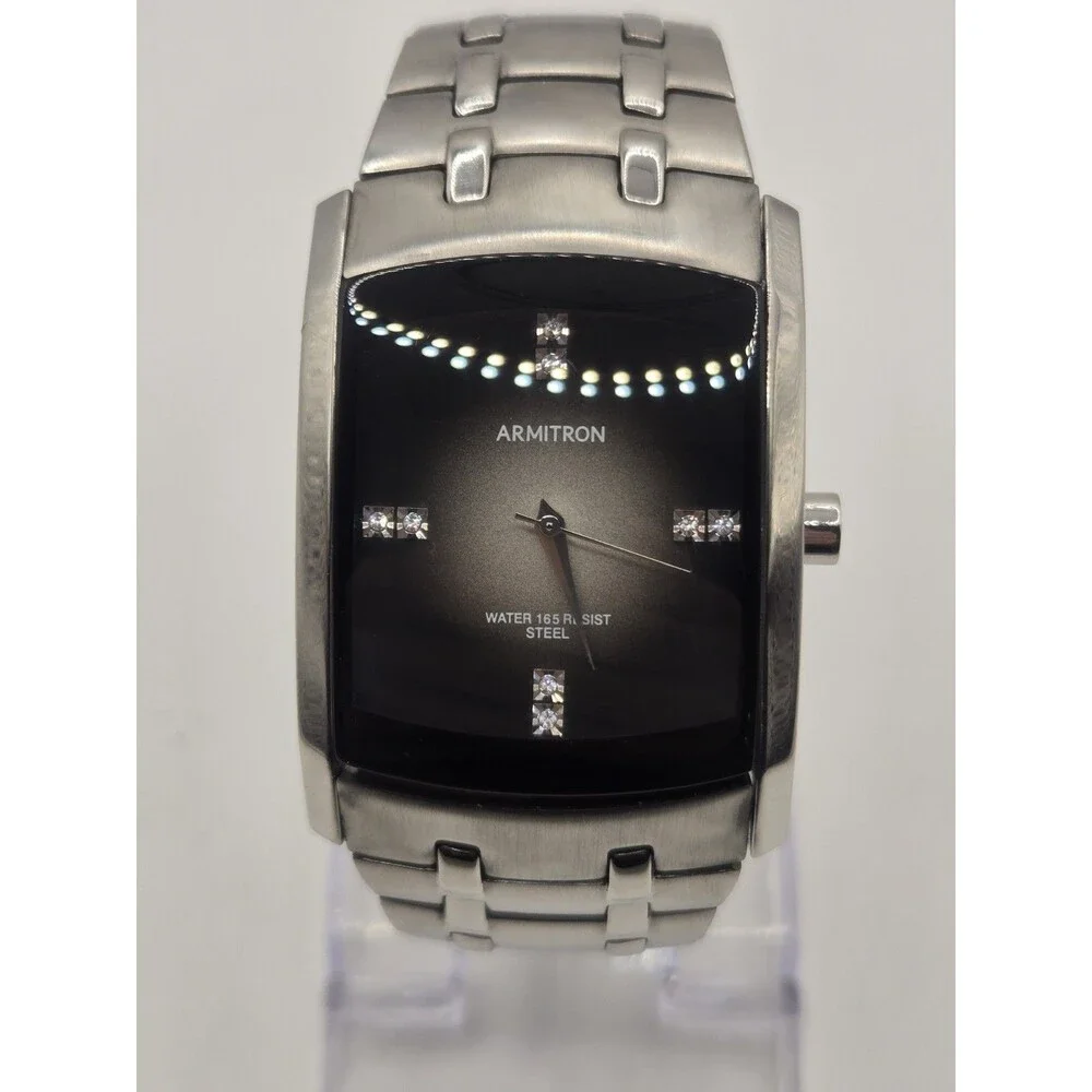 Armitron Men’s Rectangle Dress Watch Silver Tone All Stainless Black Dial WR50M